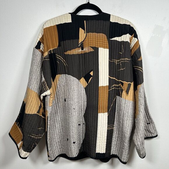 VTG Icinoo 100% Silk Jacket Women Size Medium Art Abstract Brown Gray Black 90s - Picture 5 of 8